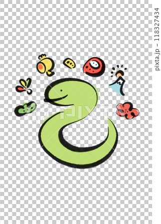 筆書き　蛇と縁起物のイラスト　年賀状素材　2025 118327434
