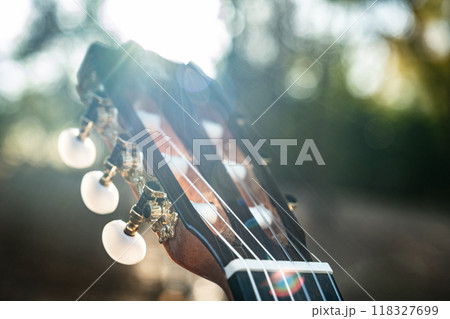 Close-up of the guitar head of a classical guitar with gold pegs. Part of a classical guitar on a blurry background in the park. Head of guitar with nylon strings. Close-up of the guitar head of a classical guitar with gold pegs. Part of a classical guitar on a blurry background in the park. Head of guitar with nylon strings. 118327699