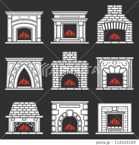 Set of furnace silhouette icon. Fireplace sign. Vector illustration. For web and mobile, modern minimalistic flat design. 118328189