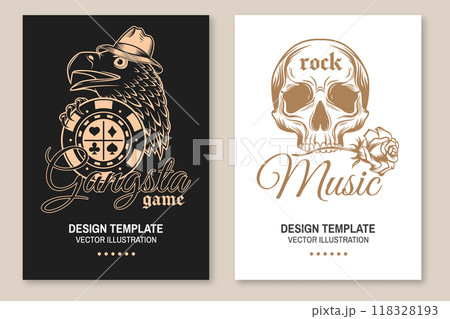 Gangsta game. Vintage print, logo, badge design with eagle head in gangster hat, skull and casino chips silhouette. Vector illustration. 118328193