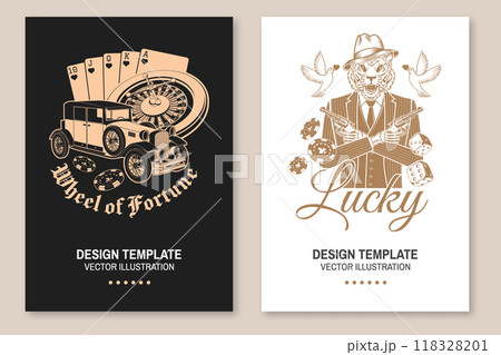 Wheel of Fortune and Lucky poster. Gambling vintage print, logo, badge design with retro car, poker playing card, casino chips, classic casino play-roulette. Vector illustration. 118328201