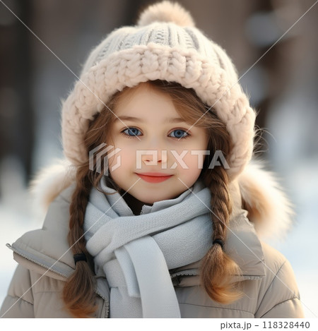 Happy little girl in a winter coat and a pom pom hat standing outside in a snowy forest. Portrait of a small girl in a winter jacket smiling and looking at the camera. Cheerful child in winter clothes 118328440