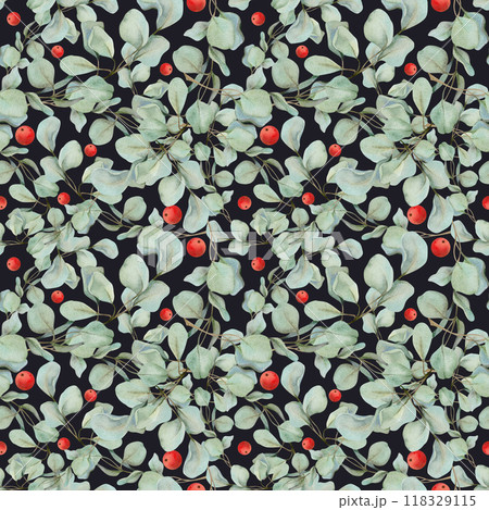 Eucalyptus laurel branches, leaves with red berries. Watercolor hand drawn illustration, seamless pattern isolated on dark. Xmas, happy new year festive, noel navidad. Print paper, textile, fabric Eucalyptus laurel branches, leaves with red berries. Watercolor hand drawn illustration, seamless pattern isolated on dark. Xmas, happy new year festive, noel navidad. Print paper, textile, fabric 118329115