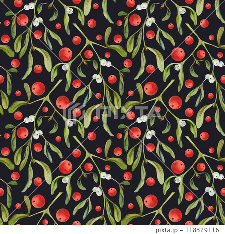 Mistletoe branches with green leaves, red and white berries. Watercolor hand drawn illustration, seamless pattern isolated on dark. Xmas, happy new year festive, noel navidad. Print paper, textile 118329116