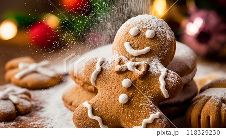 Gingerbread with a joyful smile and decorative icing , sprinkled with powdered sugar on a background of Christmas lights.	 118329230