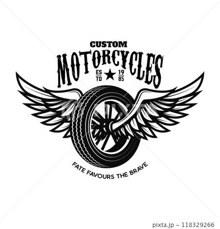 Custom motorcycles.Tshirt print template with winged wheel. Vector illustration 118329266