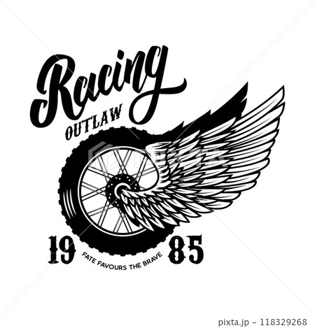 Racing. Tshirt print template with winged wheel. Vector illustration 118329268