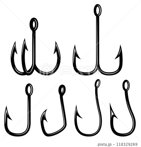 Set of illustrations of fishing hooks. Design element for poster, card, banner,emblem, sign. Vector illustration Set of illustrations of fishing hooks. Design element for poster, card, banner,emblem, sign. Vector illustration 118329269