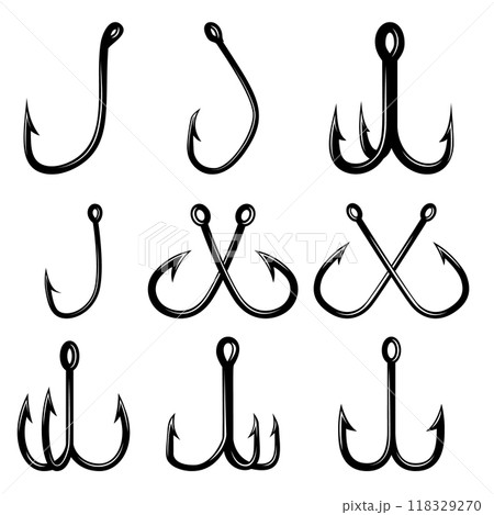Set of illustrations of fishing hooks. Design element for poster, card, banner,emblem, sign. Vector illustration 118329270