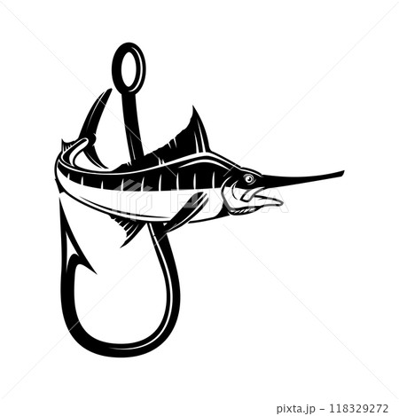 Swordfish and fishing hook. Design element for emblem, sign, badge, logo. Vector illustration 118329272
