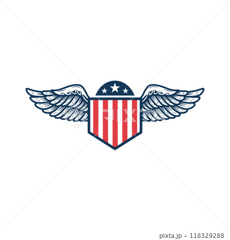 Emblem template with american flag and wings. Design element for emblem, sign, badge, logo. Vector illustration 118329288