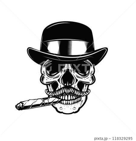 Skull in vintage hat and with cigar. Design element for poster, card, banner, sign. Vector illustration Skull in vintage hat and with cigar. Design element for poster, card, banner, sign. Vector illustration 118329295