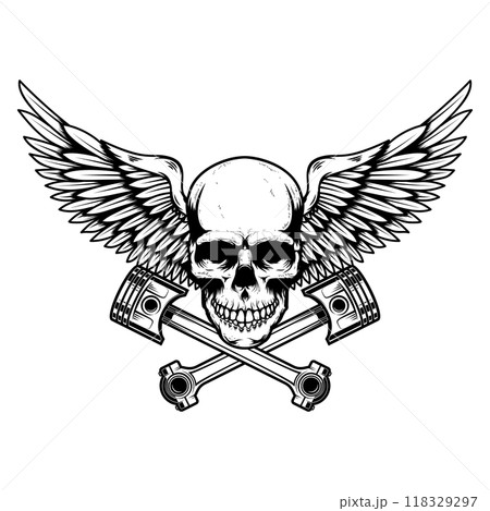 Winged skull with crossed pistons. Design element for emblem, sign, badge, logo. Vector illustration 118329297