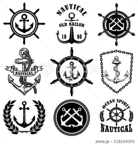 Set of vintage nautical emblems with anchors. Design element for emblem, sign, badge, logo. Vector illustration 118329303
