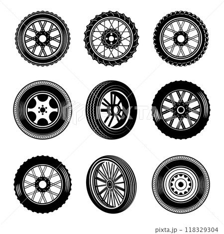 Set of different car and motorcycle wheels in monochrome style. Design element for logo, label, sign, poster, card. Vector illustration 118329304