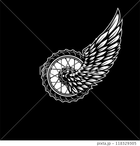 Winged wheel in monochrome style. Design element for logo, label, sign, emblem. Vector illustration 118329305