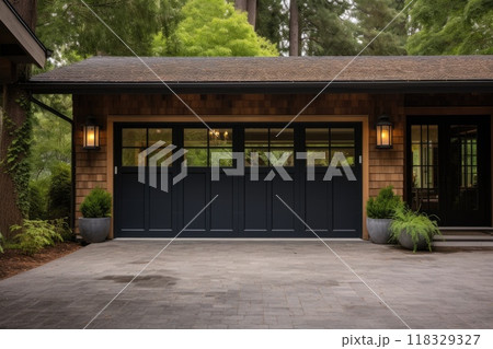 Garage door with a driveway in front. 118329327