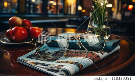 Magazines on table with eyeglasses. 118329351