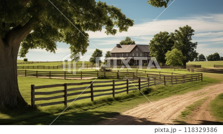 Horse ranch with green landscape 118329386