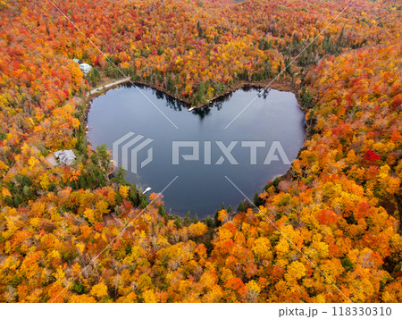 Aerial view of heart shape lake surrounded by autumn forest. Concept of earth day, love, environment, ecology. Baker Pond, Bolton-Est, Quebec, Canada. 118330310
