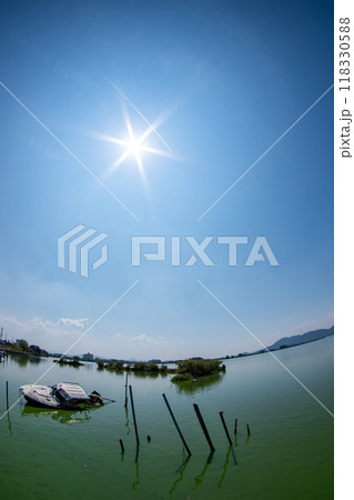 超広角レンズで見る晩夏の西の湖と太陽の光芒 超広角レンズで見る晩夏の西の湖と太陽の光芒 118330588