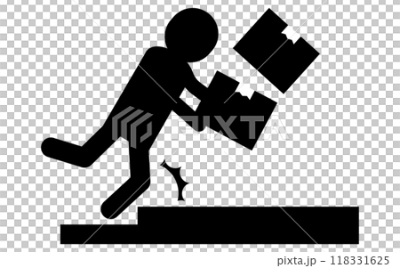 足元注意、荷物をもって転ぶ人、安全標識・危険・注意喚起のピクトグラム 足元注意、荷物をもって転ぶ人、安全標識・危険・注意喚起のピクトグラム 118331625