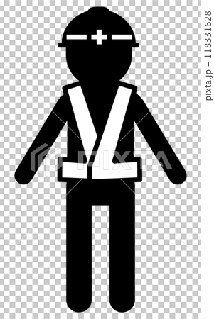 Worker wearing helmet and safety vest, safety sign, danger, caution pictogram Worker wearing helmet and safety vest, safety sign, danger, caution pictogram 118331628