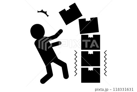 荷崩れ注意、段ボールの荷崩れの下敷きになる人、安全標識・危険・注意喚起のピクトグラム 荷崩れ注意、段ボールの荷崩れの下敷きになる人、安全標識・危険・注意喚起のピクトグラム 118331631
