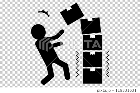 小心貨物倒塌、被困在倒塌紙板下的人員、安全標誌、危險和警告的象形圖 118331631