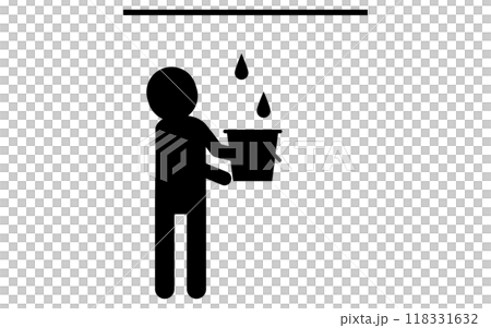 Caution: Leaking roof, Person using bucket to fix roof leak, Safety sign, Danger, Caution pictogram 118331632