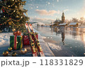 Sunset Christmas Scene with Snow-Covered Skis and Festive Gifts by a Decorated Tree in a Tranquil Mountain Village 118331829