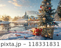 Serene Snowy Mountain Valley with Christmas Gifts on Skis, Glowing Village, and a Decorated Tree at Sunset 118331831