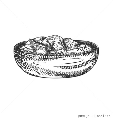 Vector illustration with a wooden texture of a plate with vegetable sauce. Kitchen utensils, tools, dishes. Retro old cutlery. Hand drawn illustration in line art in black ink on isolated background 118331877