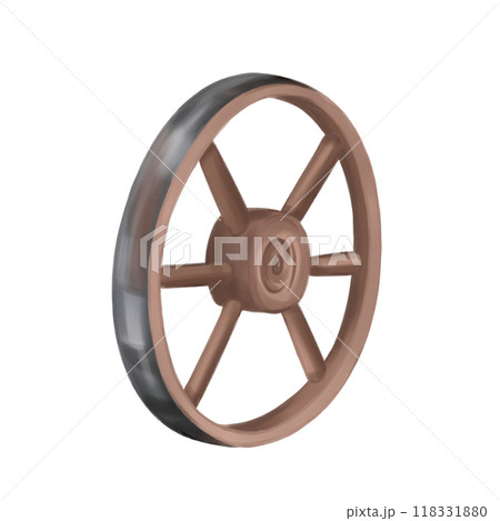 A wooden round wheel from an old cart. Autumn festivals, rustic-style celebrations. Farm work, harvesting in the fields. Yard and garden decoration. Isolated digital illustrations 118331880