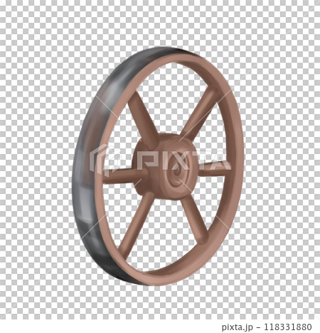A wooden round wheel from an old cart. Autumn festivals, rustic-style celebrations. Farm work, harvesting in the fields. Yard and garden decoration. Isolated digital illustrations 118331880