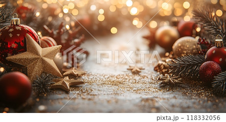 A beautiful Christmas background with golden stars and decorations on the sides, copy space for text for card, banner design. 118332056