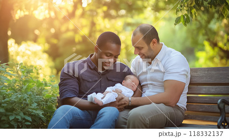Gay couple holding their newborn baby boy in the park 118332137