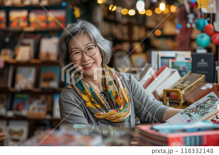 Senior bookstore clerk smiling and organizing books for sale 118332148