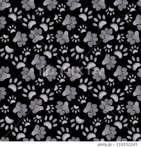 Seamless watercolor pattern. Paws and paw prints of pets, dogs and cats on a black background, all objects are hand-painted with watercolors. For printing on paper, designing pet products, postcards. 118332245
