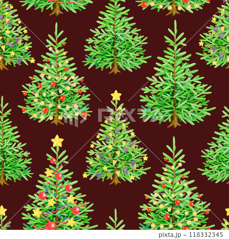 Christmas tree seamless pattern on dark red background. Hand drawn fir trees with festive bright vintage style decoration. Winter holidays festive traditional decor seamless pattern element 118332345