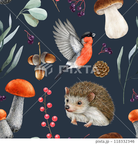 Cute hedgehog, forest nature elements seamless pattern on dark background. Watercolor vintage style illustration. Forest wildlife animal, bullfinch, mushrooms, leaves seamless pattern design Cute hedgehog, forest nature elements seamless pattern on dark background. Watercolor vintage style illustration. Forest wildlife animal, bullfinch, mushrooms, leaves seamless pattern design 118332346