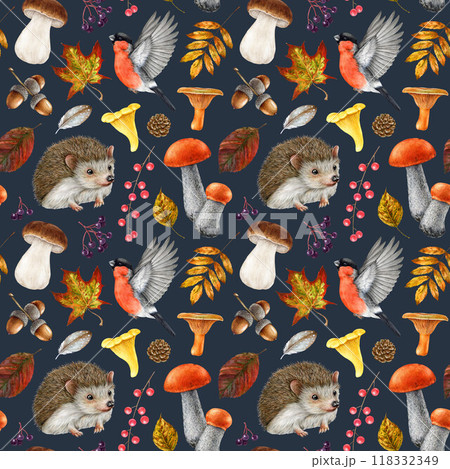 Cute hedgehog in autumn forest nature elements seamless pattern. Watercolor illustration. Painted hedgehog, bird, mushrooms, autumn leaves seamless pattern design for wrapping, textile printing 118332349