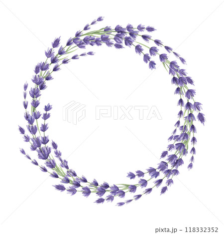 Lavender elegant floral wreath decor watercolor painted illustration. Vintage style round decoration made from lavender flower. Aroma lavandula organic herb rustic wreath on white background Lavender elegant floral wreath decor watercolor painted illustration. Vintage style round decoration made from lavender flower. Aroma lavandula organic herb rustic wreath on white background 118332352