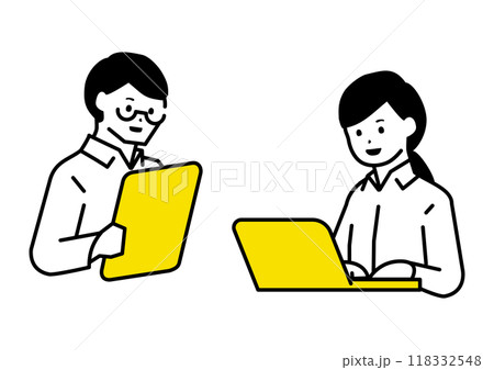 ボードやラップトップを見るビジネスマン2人のイラスト 118332548