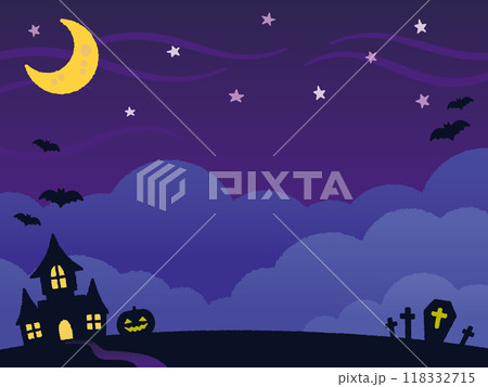 夜のハロウィン　三日月と星空　街のシルエット　イラスト　スペース大きめ（横） 118332715