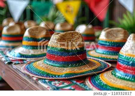Colorful Fiesta Hats for Mexican Celebration Decor on Wooden Table Festive Stock Photo for Party Invitations, Posters, and Cards Generative AI 118332817