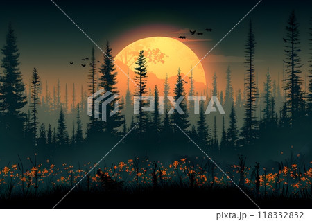 Majestic Full Moon Over Pine Forest at Dusk for Nature Posters, Cards, and Designs Generative AI 118332832