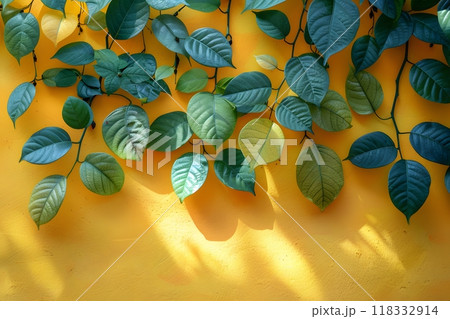 Green Vines on Bright Yellow Wall - Nature-Inspired Botanical Design for Home Decor and Wall Art Generative AI 118332914