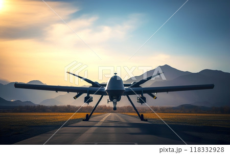 General Atomics MQ-9 Reaper drone flying above desert. 118332928