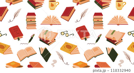 Book stack autumn color seamless pattern. Cute cozy books colorful background. Library, reading, feather, pen, mug, glasses illustrations. Book stack autumn color seamless pattern. Cute cozy books colorful background. Library, reading, feather, pen, mug, glasses illustrations. 118332940